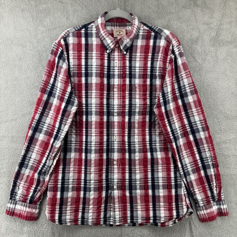 Brooks Brothers Red Fleece Button Down Shirt L Red Blue White Plaid Textured